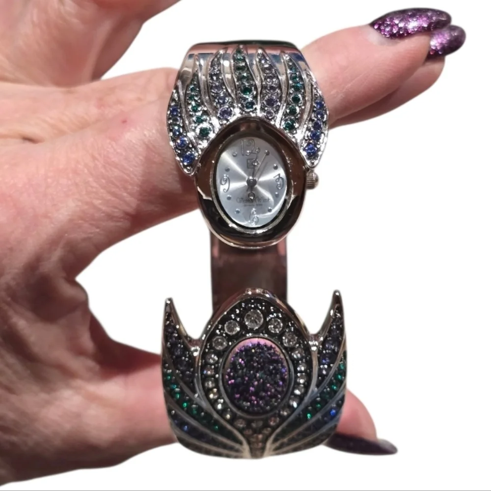 Victoria Wieck Peacock Drusy Crystal Silver Plated Cuff Bracelet Watch